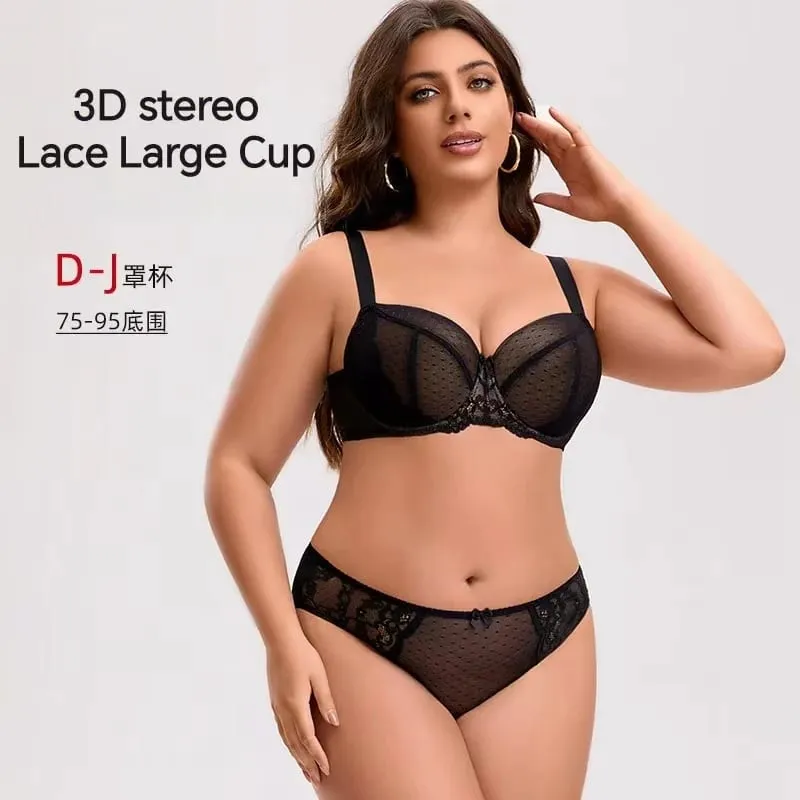 Plus Size Thin Bra Set for Large Busts D-H Cup Thin Breathable Maximum Support Anti-Sagging Lingerie For Women Full Coverage — image 2
