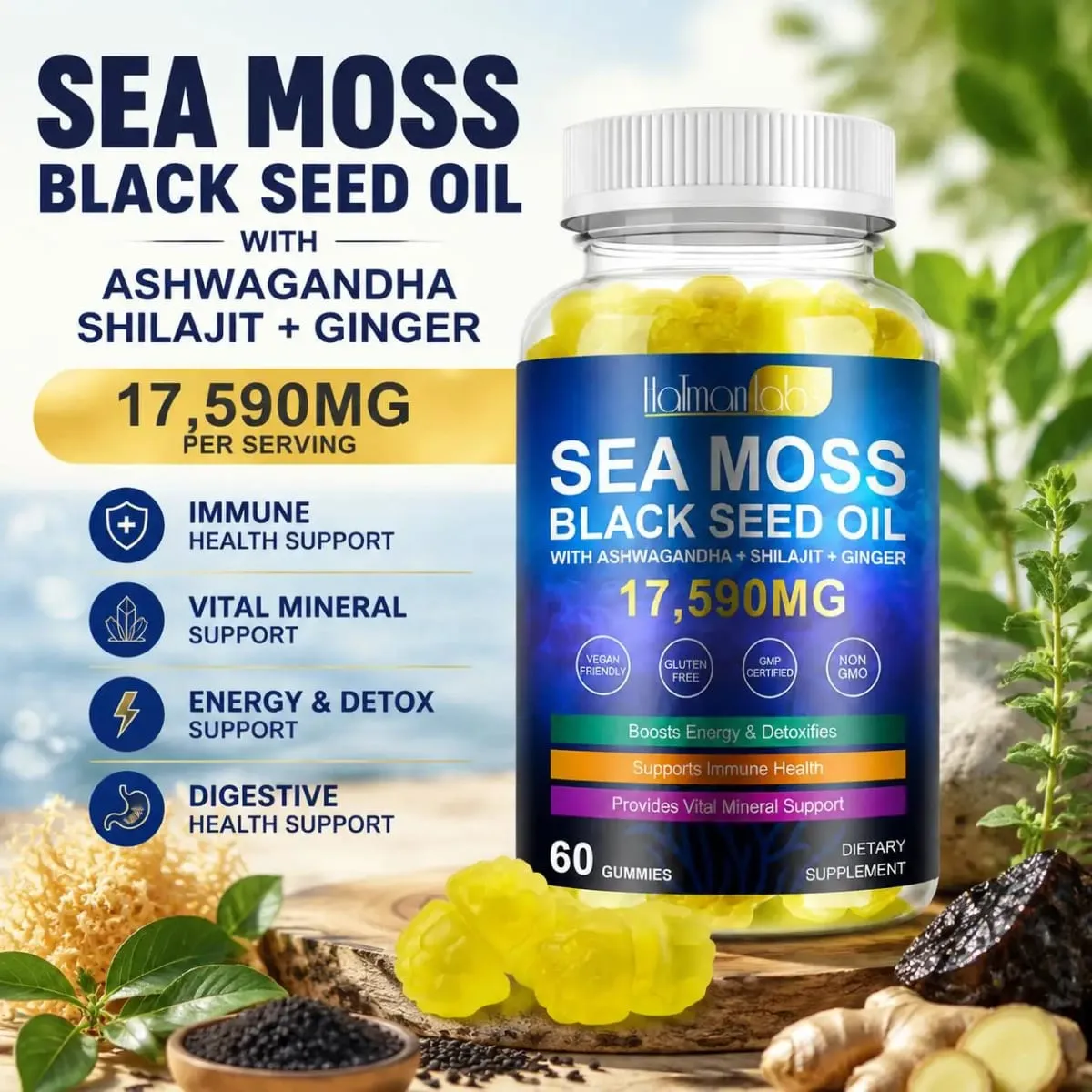 HalmanLabs Sea Moss Black Seed Oil Gummies with Vitamin C and Vitamin D for Immune Health and Vital Mineral Support 60 Gummies — image 2