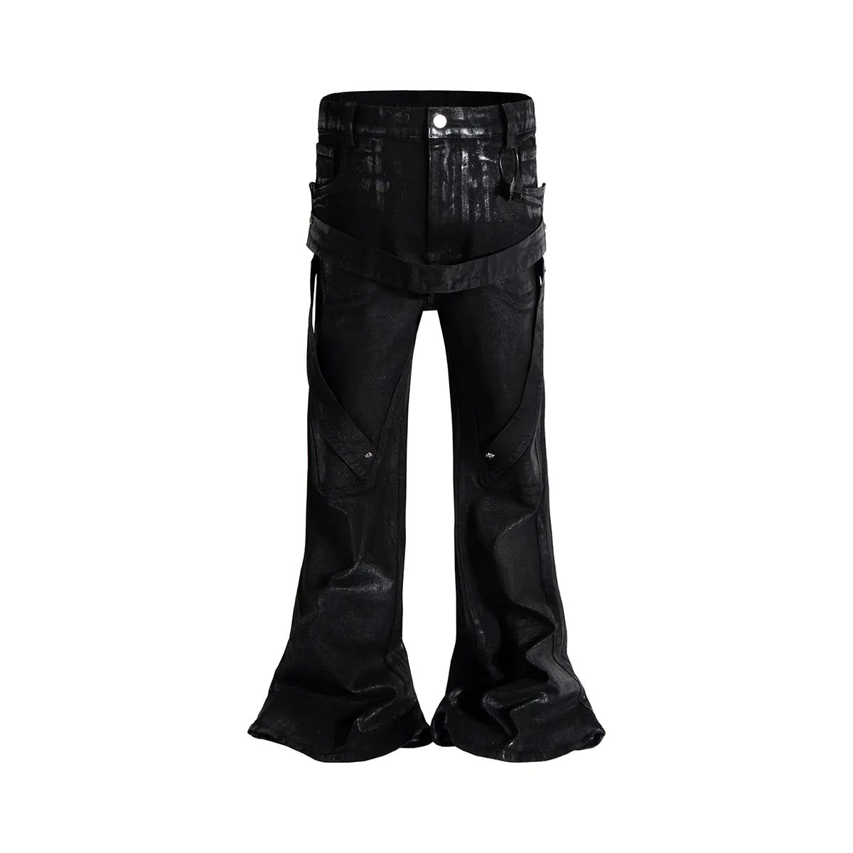 High Street Brush Wax Coated Belt Loops Flared Jeans for Men Straight Washed Vintage Baggy Denim Trousers Oversized Boot Cut