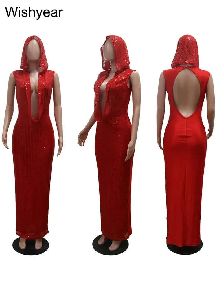 New Luxury Birthday Red Hooded Dress for Women Sexy Deep V Neck Sequins Glitter Mesh See Through Back Open Sparkly Evening Robe — image 6