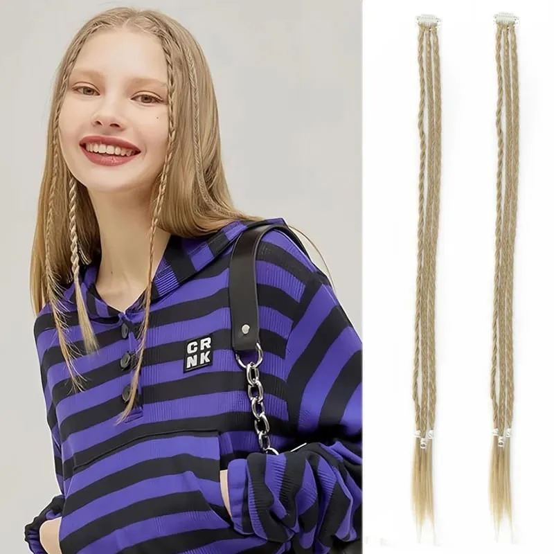 2Pcs Clip‑in Y2K Boxer Braid Ponytail One Clip Three Braids Long Synthetic Fake Hair Extensions For Women