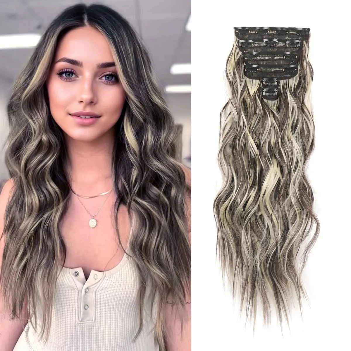 Clip in Hair Extensions 6PCS Thick Synthetic Hair Long Beach Waves hair Invisible Lace Weft Natural Soft Hairpieces for Women — image 7