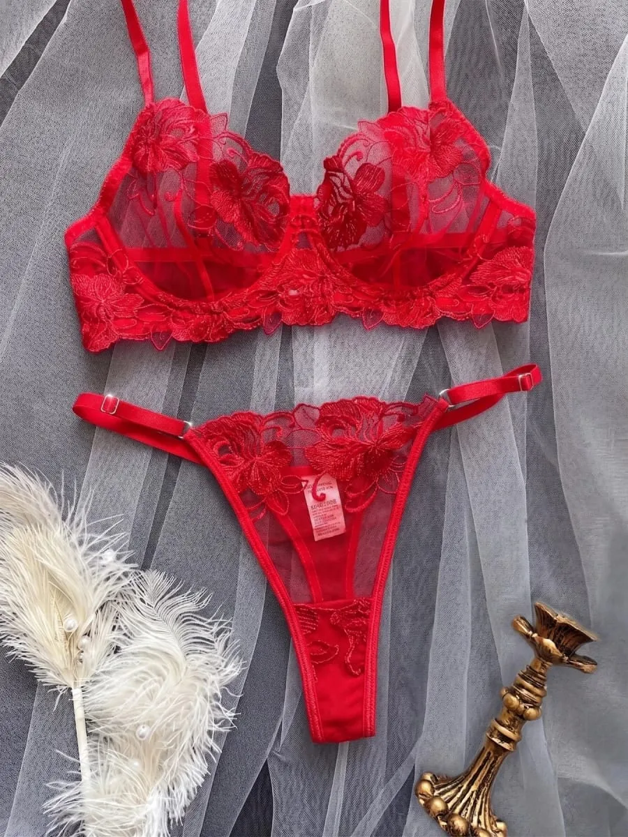 A1 Sexy Red Floral Embroidery Sheer Lace Lingerie Set S-XL Women See Through Mesh Bra Thong 2Pcs Romantic Valentine Intimates — image 4