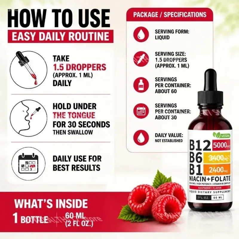 B12 B6 B1 Niacin Folate Liquid Sublingual Vegan B-Complex Drops for Daily Energy and Focus Support Raspberry for Men Women 60 ML