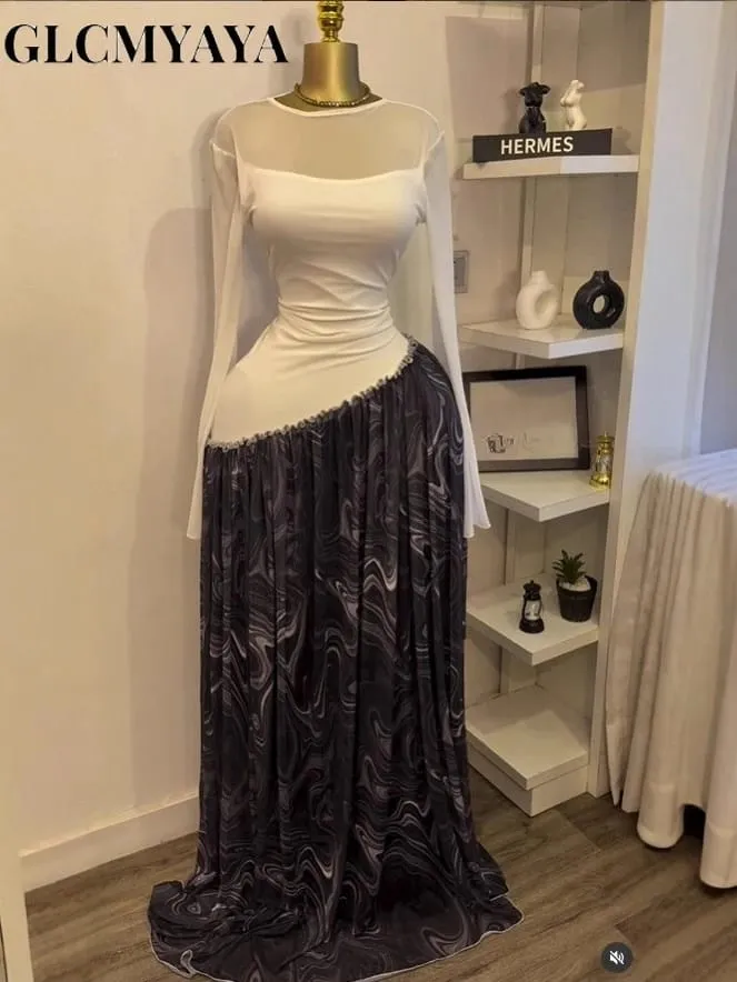 Women Mesh Print Full Sleeve O-neck Elegant Long Maxi Dress Fall Birthday Holiday Evening Sexy Party Dresses Vestidos — image 3