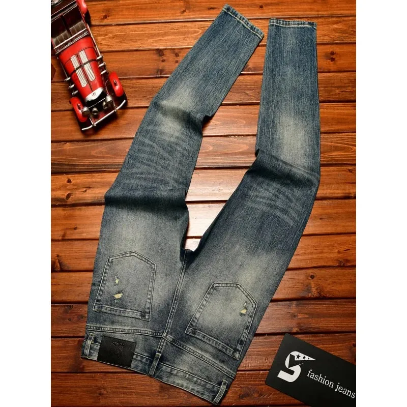 Fashionable light luxury jeans with men's patch design trendy retro elastic ripped pants — image 5