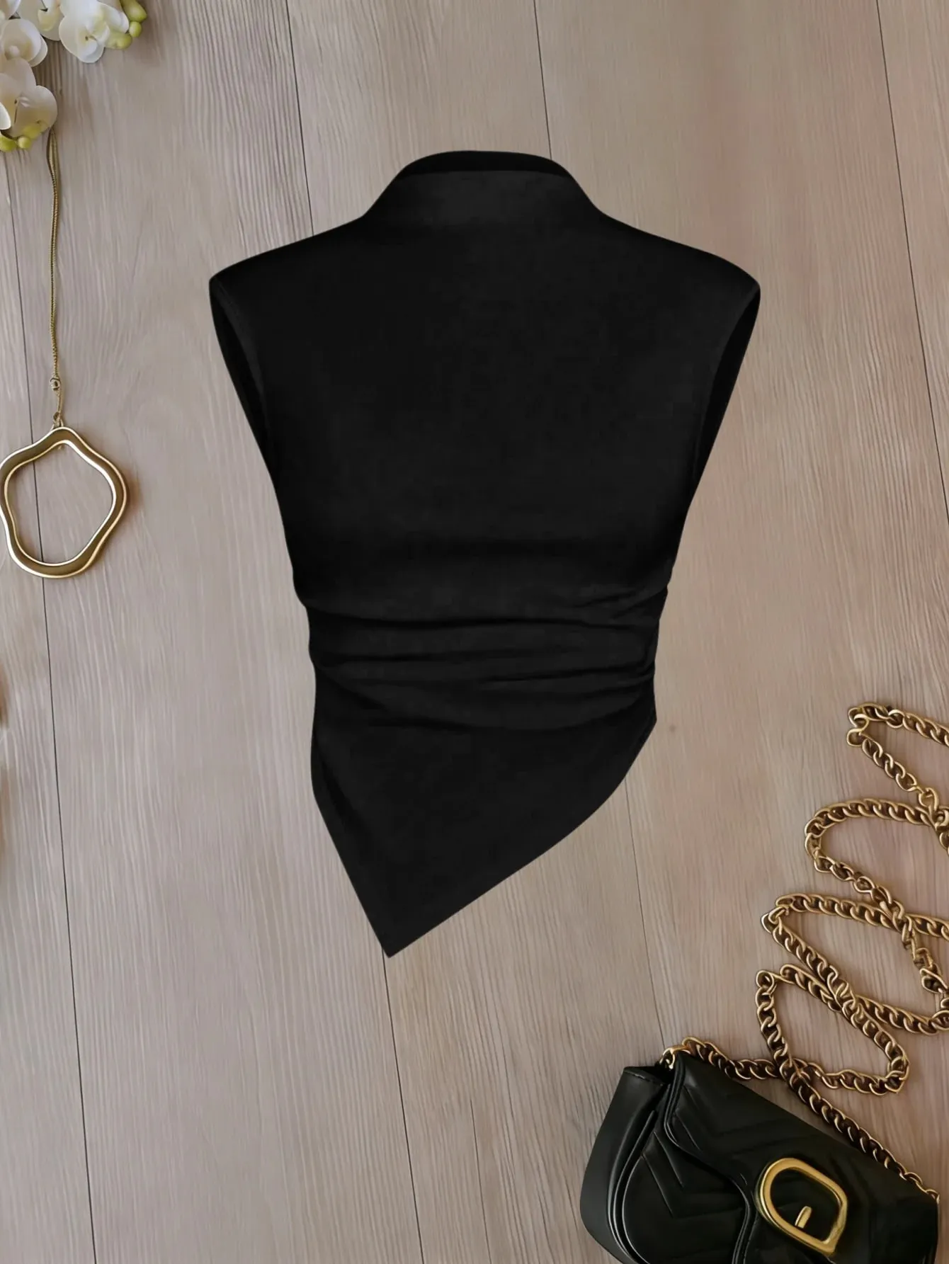 Women Mock Neck Sleeveless Ruched Asymmetrical Hem Crop Top 2 Pack Solid Color Cami Top Set — image 3