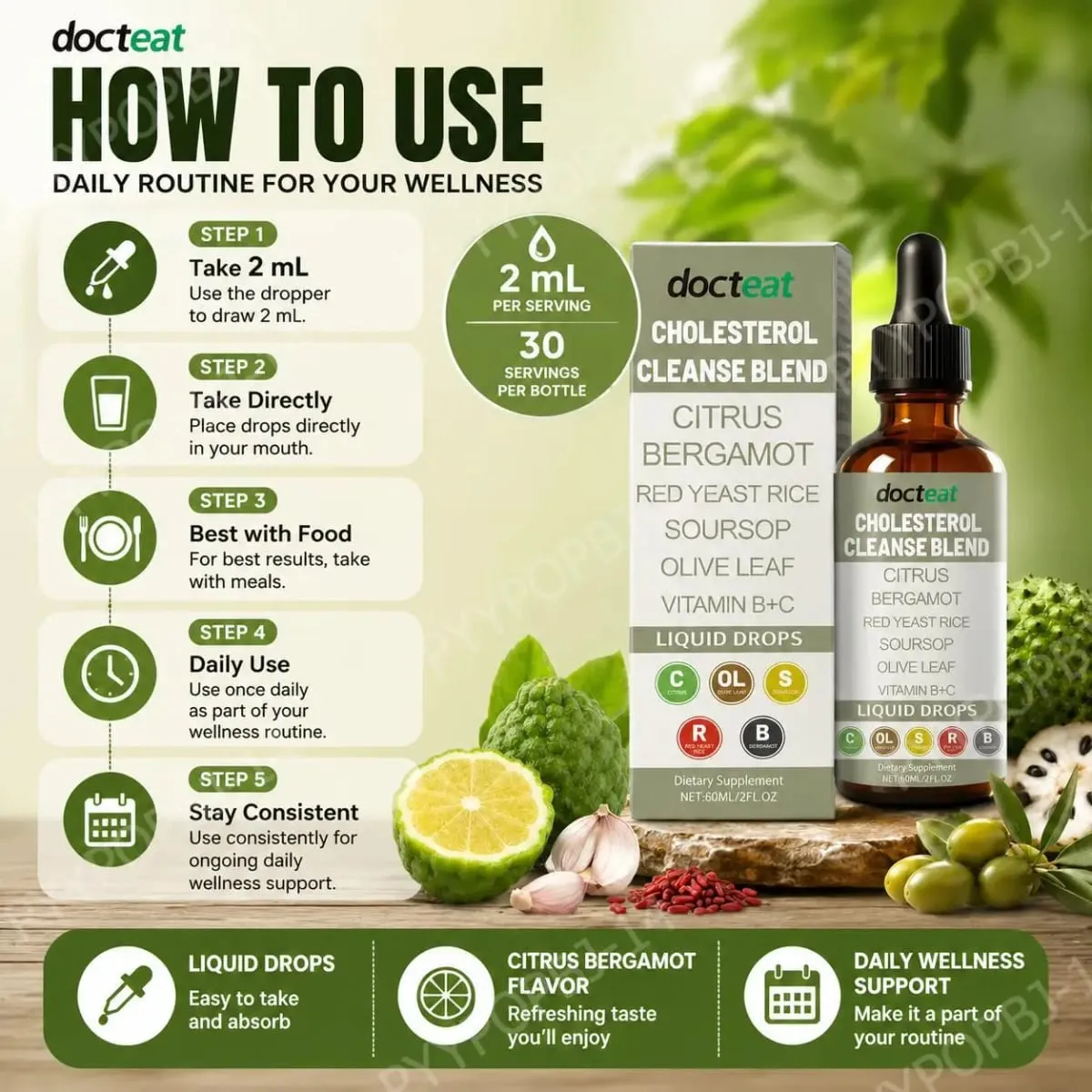 Docteat Cholesterol Cleanse Blend Liquid Drops Citrus Bergamot Supports Metabolic Balance with Vitamin C and B2 Dropper 60 ML — image 6