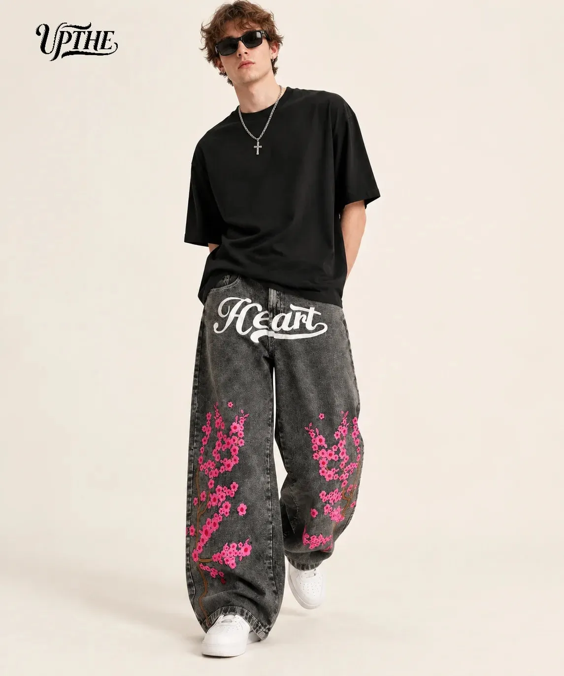 UP.THE Men Baggy Wide Leg Jeans Vintage Washed Black Gray Denim Pants Y2K Loose Cherry Blossom Embroidery Heart Letter Print Streetwear Jeans for Daily Hip Hop Casual Outfits — image 3
