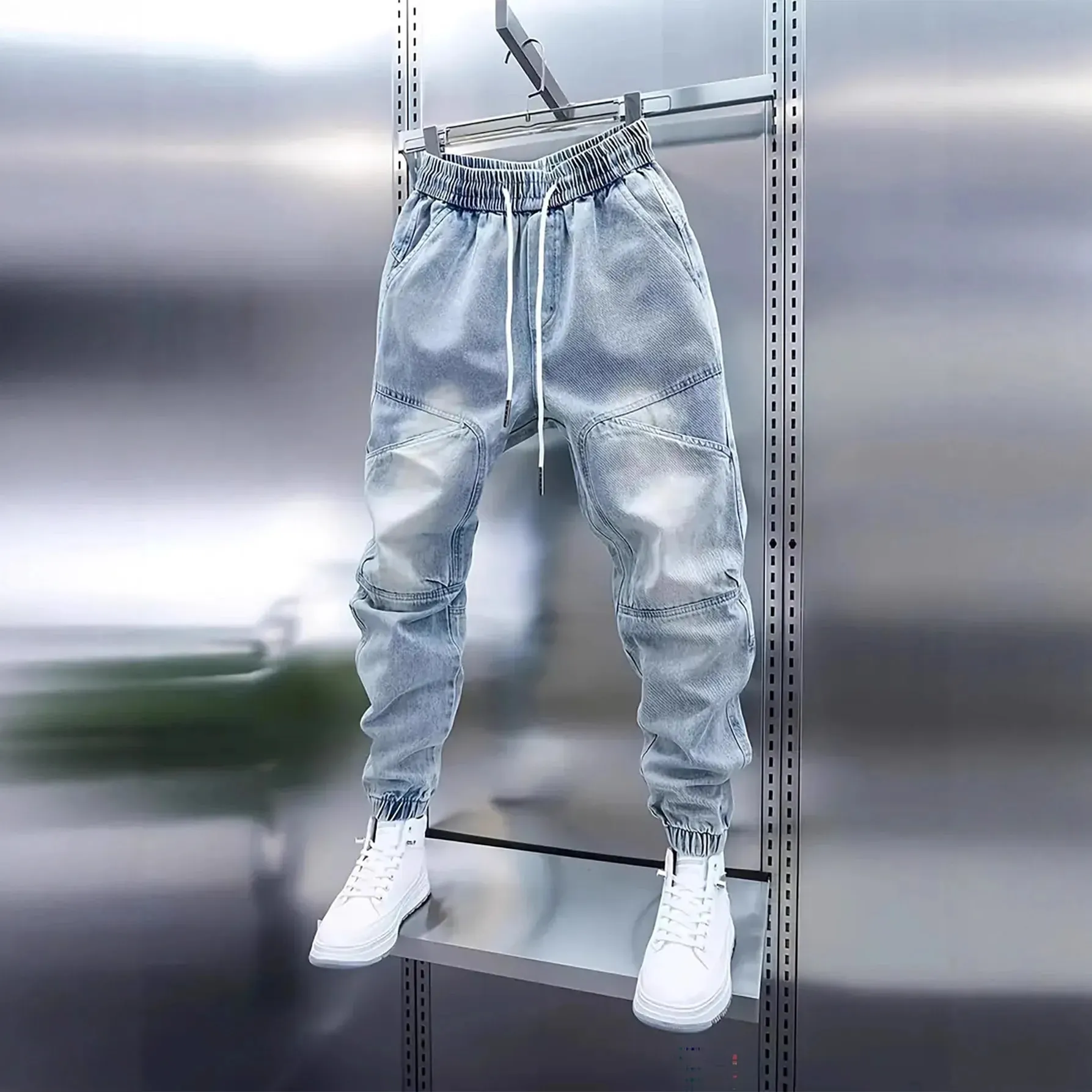 Men's New Drawstring Elastic Waist Light Blue Cuffed Baggy Jeans — image 3