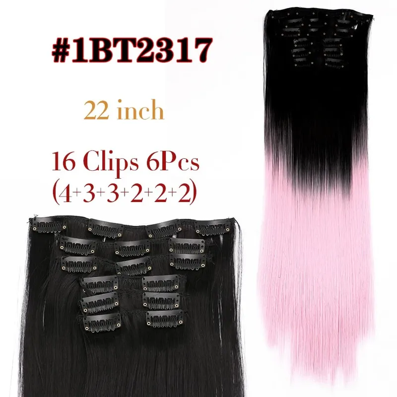 Black Clip In Extensions Straight 22" Long Synthetic Thick Clips On Hair Piece For Women 6Pcs/Set Curly Full Head Weddings Daily