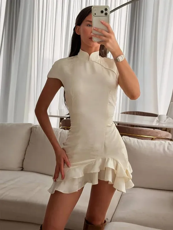 Women Mandarin Collar Ruffle Hem Mini Qipao Chinese Style Cap Sleeve Slim Fit Cheongsam Dress Dating Daily Party Outfit — image 9