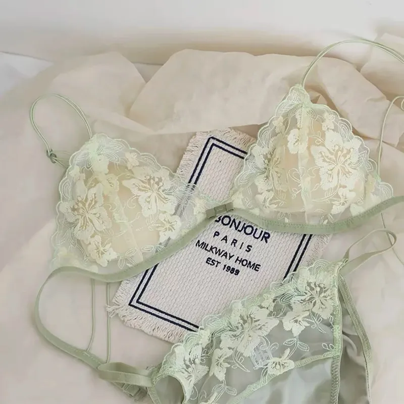 French Style Triangle Cup Bralette Embroidered Lace Wireless Hollow Out Pure Desire Lingerie Set CA MOYIU Sexy Bra Panty & Tushy — image 8
