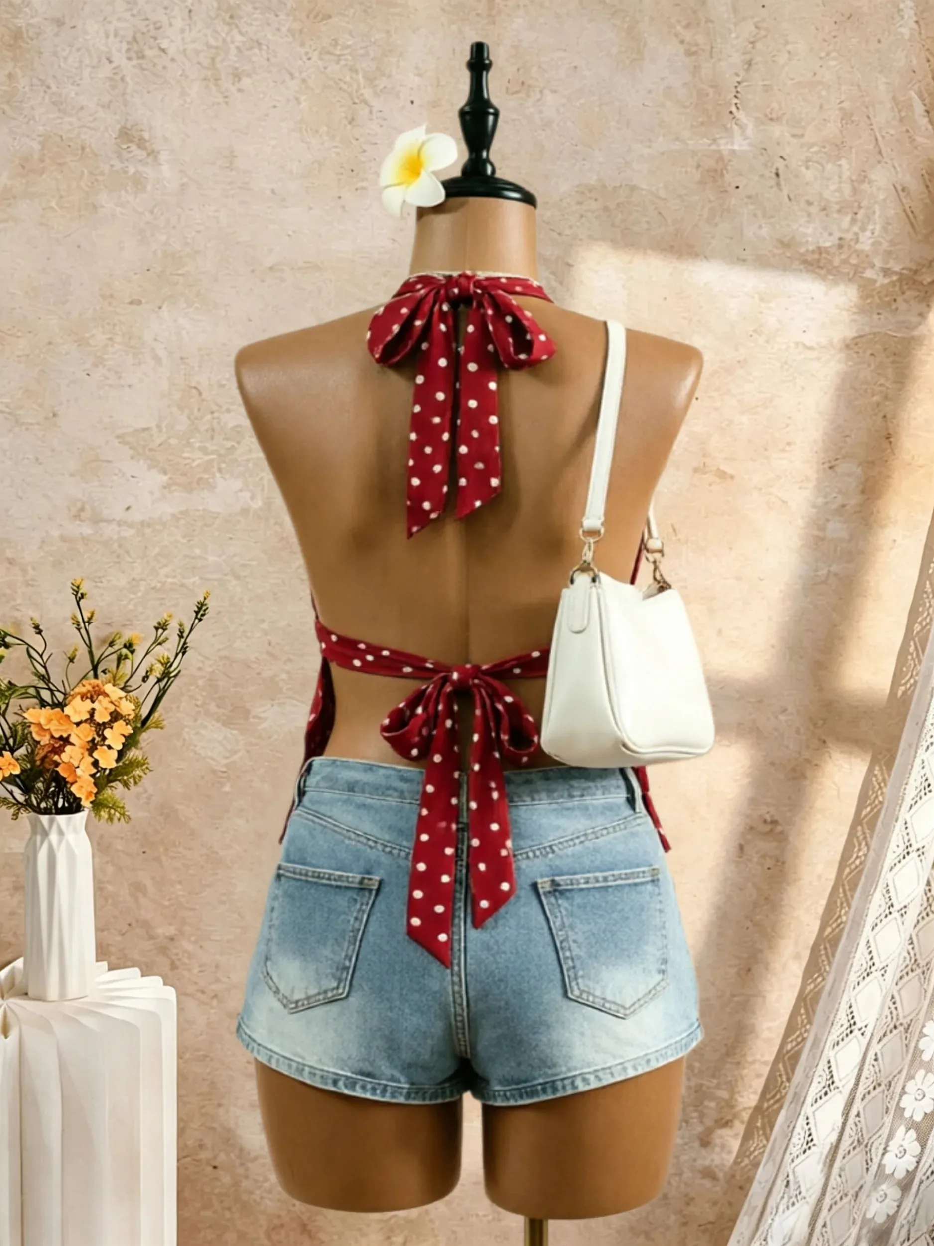 Women Halter Deep V Neck Polka Dot Back Tie Bow Peplum Cami Top 2026 Summer Y2K Red Retro Satin Open Back Flared Sleeveless Swin — image 2