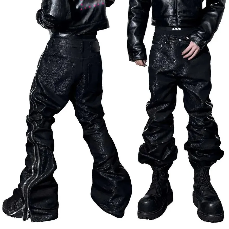 High Quality Silver Thread Woven Metal Texture Bootcut Jeans Man Side Double Zippers Gothic Punk Stacked Jeans — image 4