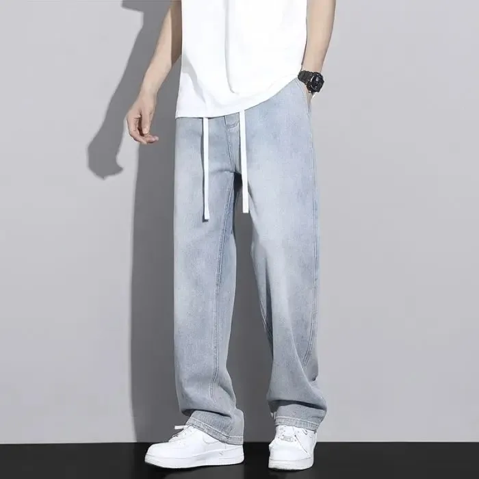 Men's Straight Leg Jeans American High Street High-quality Drawstring Design Daily Casual Loose Pants Washed Polished White — image 11
