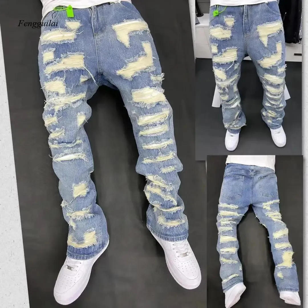 Vintage All-Over Ripped Baggy Jeans for Men Heavy Distressed Washed Blue Denim Streetwear Pants — image 2