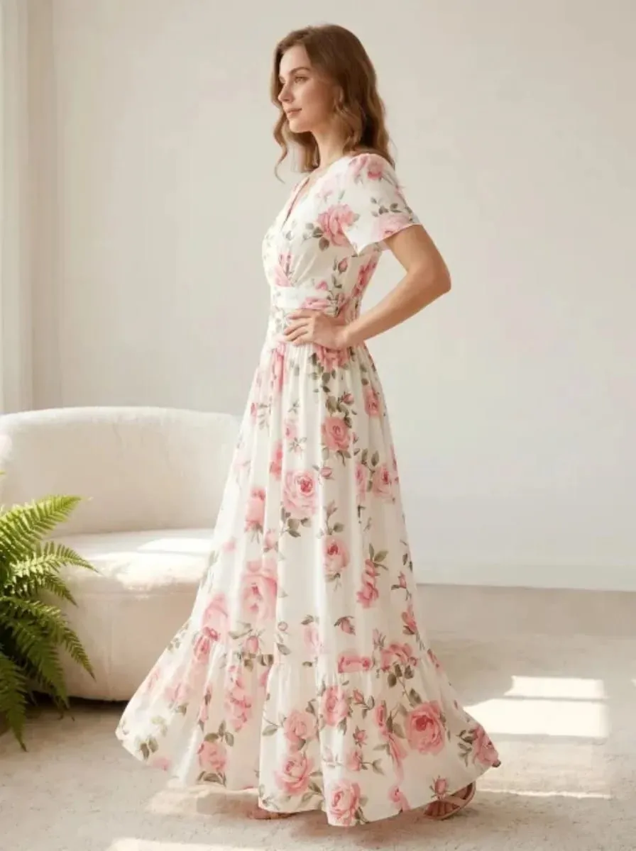 Elegant V-Neck A-Line Long Dress Soft Rose Print Summer Vacation Gown Women's Casual Maxi Skirt — image 3