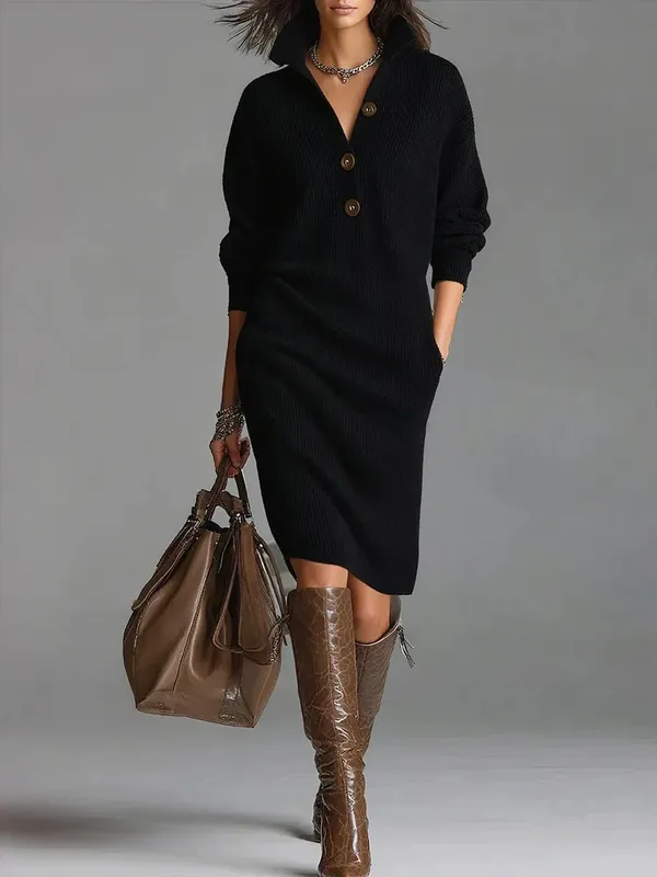 New Autumn Casual Button Loose Straight Knitting Mid-Length Sweater Dresses Women's Fashion Lapel Long Sleeve Pocket Party Dress — image 7