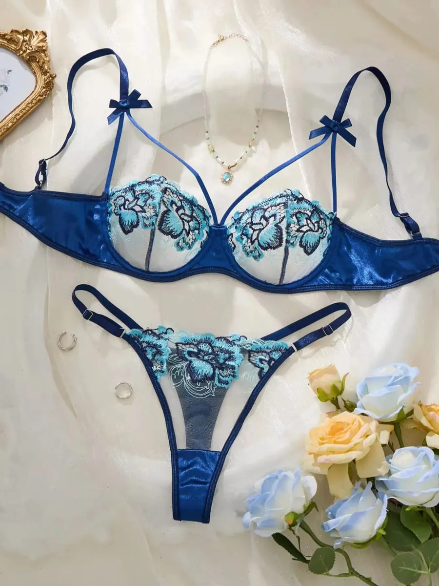Blue Flower Lace Lingerie Set Shoulder Bow Strappy Underwire Bra Adjustable Briefs Seductive Boudoir Intimate Outfit