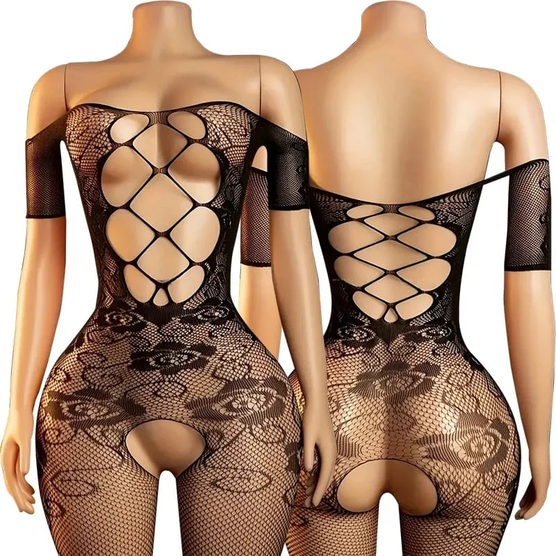 Black Fishnet Off-Shoulder Open-Crotch Bodystocking Lingerie Set Sexy Crotchless Teddy Bra Women's Erotic Underwear — image 9