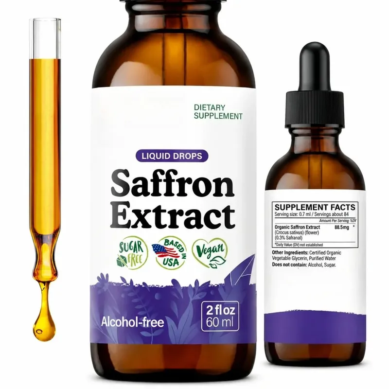 Organic Saffron Liquid Extract Drops Plant Based Herbal Supplement Vegan Sugar Alcohol Free 60ml Daily Health Supplements