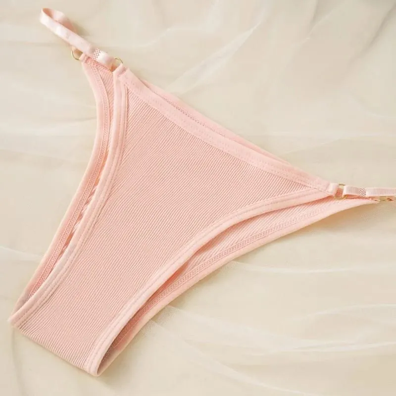 Women Ribbed Triangle Bra And Panties Set Wireless V Neck Thin Strap Bra Low Waist Briefs Ladies Removable Pads Lingerie Set — image 6