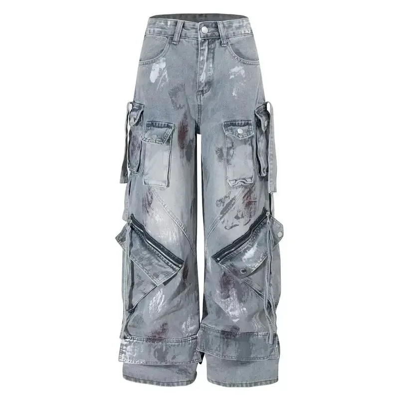2000s Y2K heavy industry drag pants Gothic multi-pocket hip hop wide leg jeans washed black jeans men and women street pants — image 6