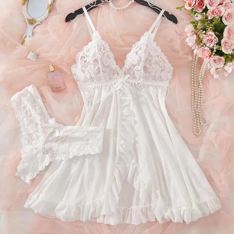 Sexy Lingerie Set Women Erotic Bra Nightdress Sexy Lace Sleepwear Solid Slim Soft Dresses V Neck Full Slip Sleepwear & Dresses — image 5