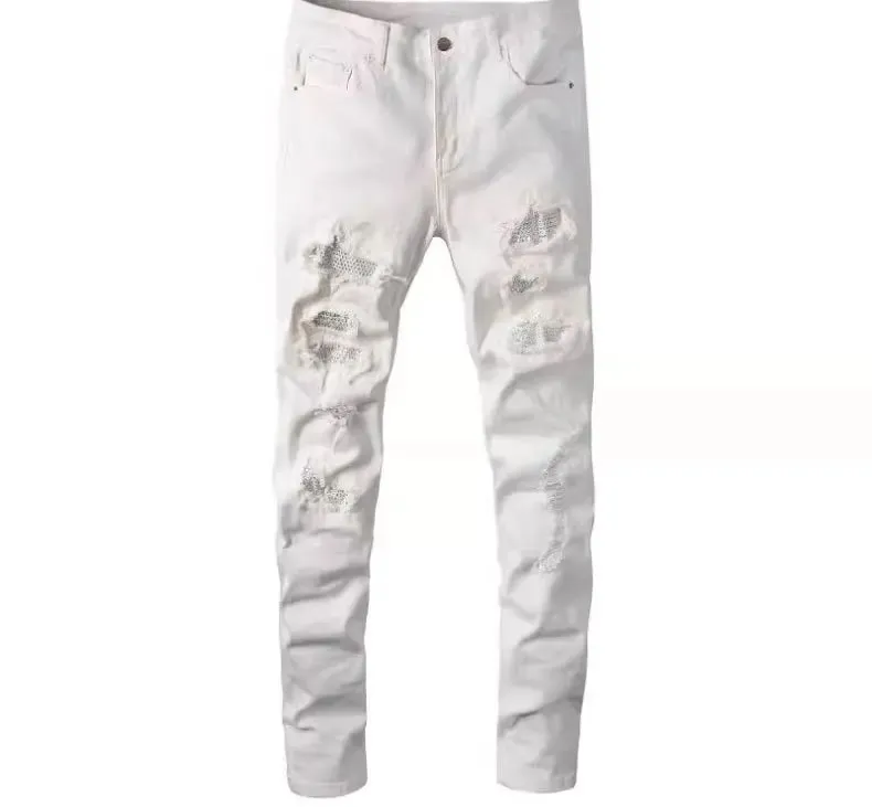Diamond-encrusted Washed Ripped Patch Patchwork Hot Diamond Jeans Beggar Pants Men