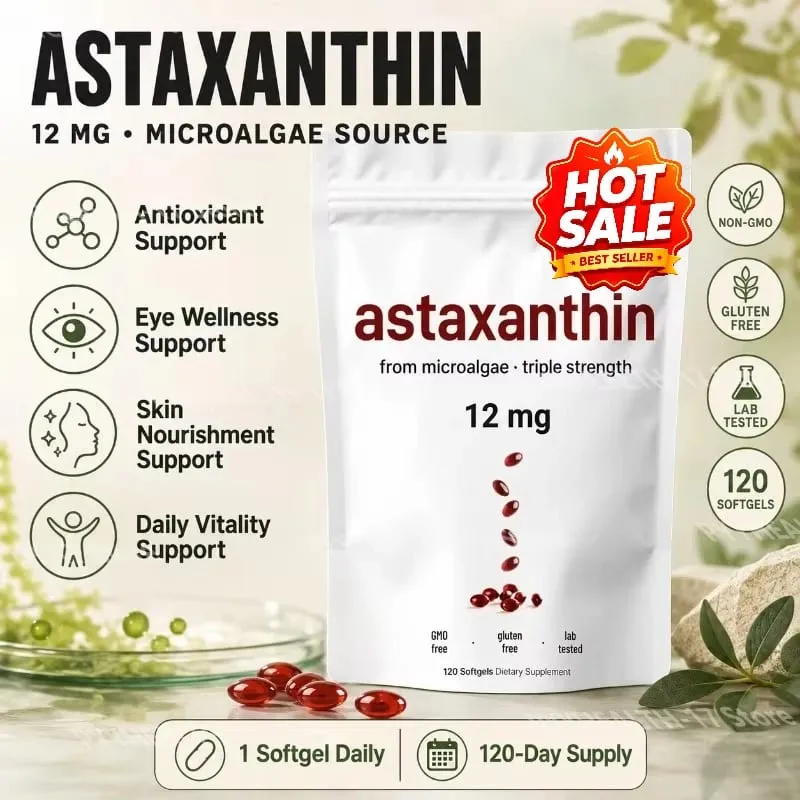 Astaxanthin 12 Mg Gelatin Softgels From Microalgae Antioxidant Support Gluten Free GMO Free Easy To Swallow 120 Softgels — image 1