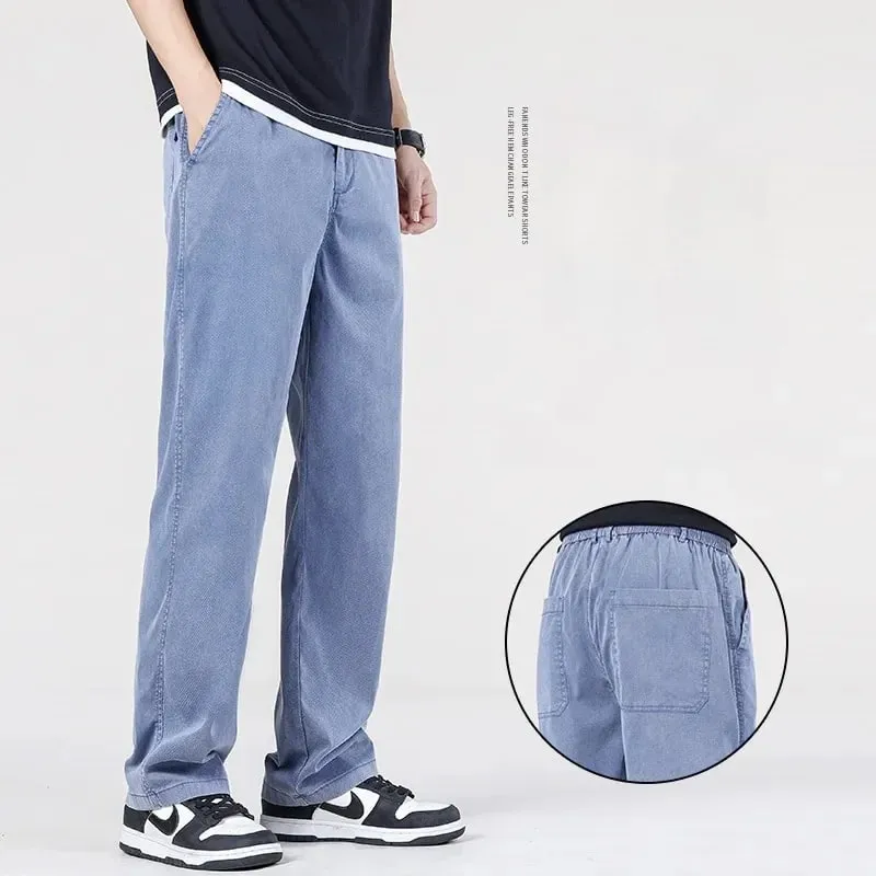 Seluar Jeans Baggy Baggy Musim Panas Klasik Lelaki Fabrik Lyocell Nipis Kualiti Tinggi Seluar Kasual Lurus Seluar Denim Lembut Kopi Biru Kelabu