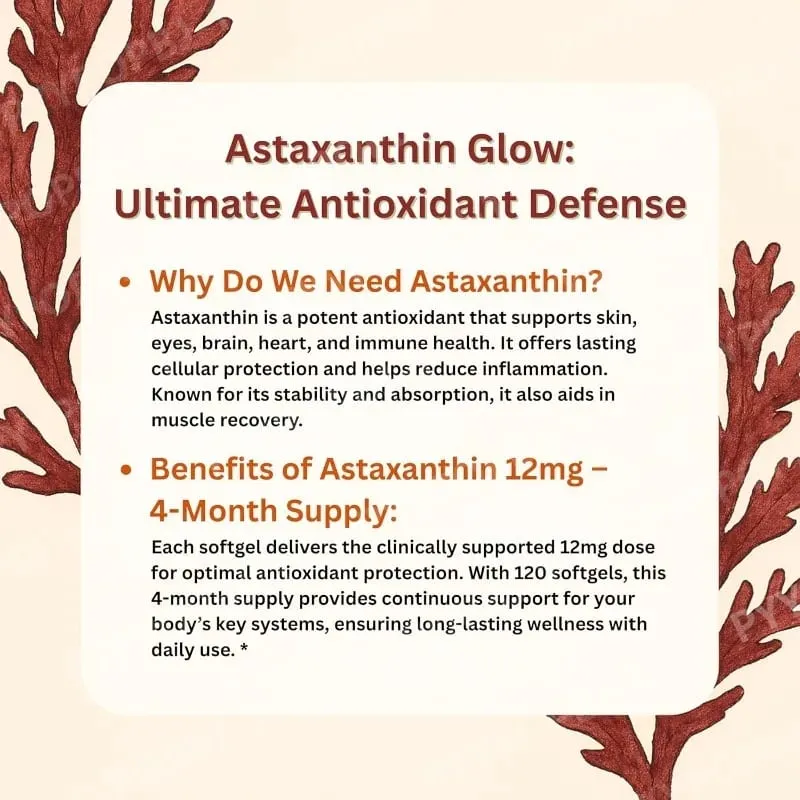 Astaxanthin 12mg with Fresh Microalgae Source Daily Nutritional Support Antioxidant Supplement 120 Softgels — image 6