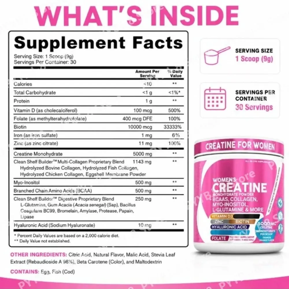 Créatine monohydrate en poudre pour femmes, 5000 mg, BCAA, multi-collagène, biotine, vitamine D3, orange tropicale, nutrition sportive, 30 portions — image 3