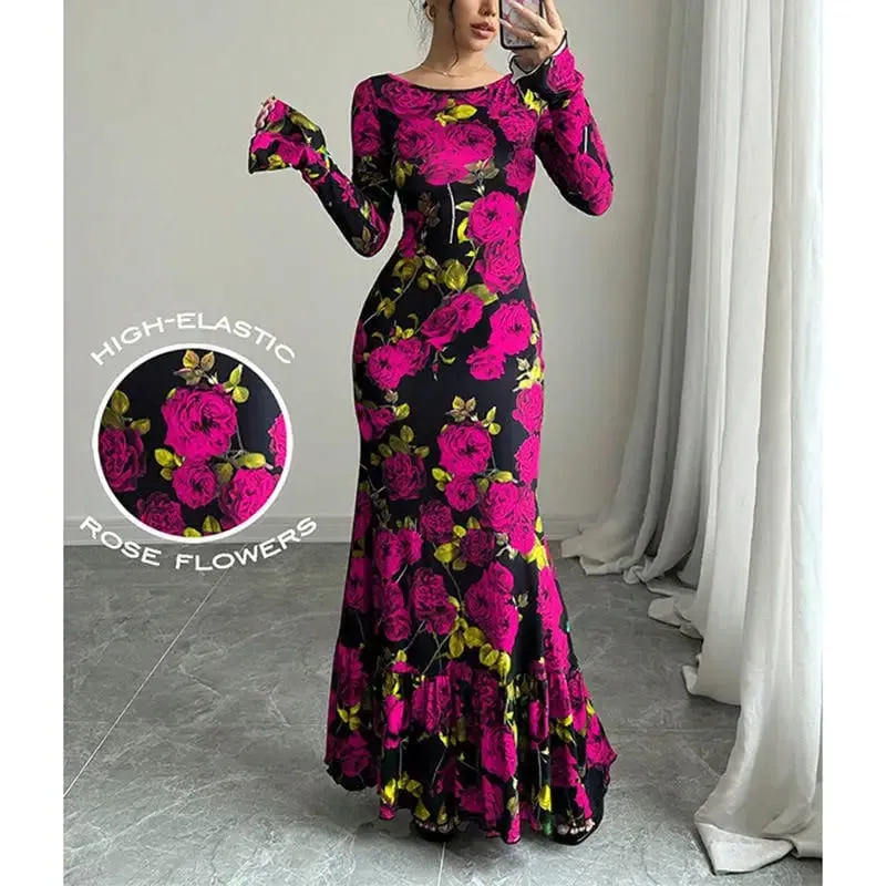 Elegant Rose Printed Maxi Dress O Neck Long Sleeves Bodycon Fishtail Dress Figure Slim Rose Floral Pattern Adds Charm Long Dress