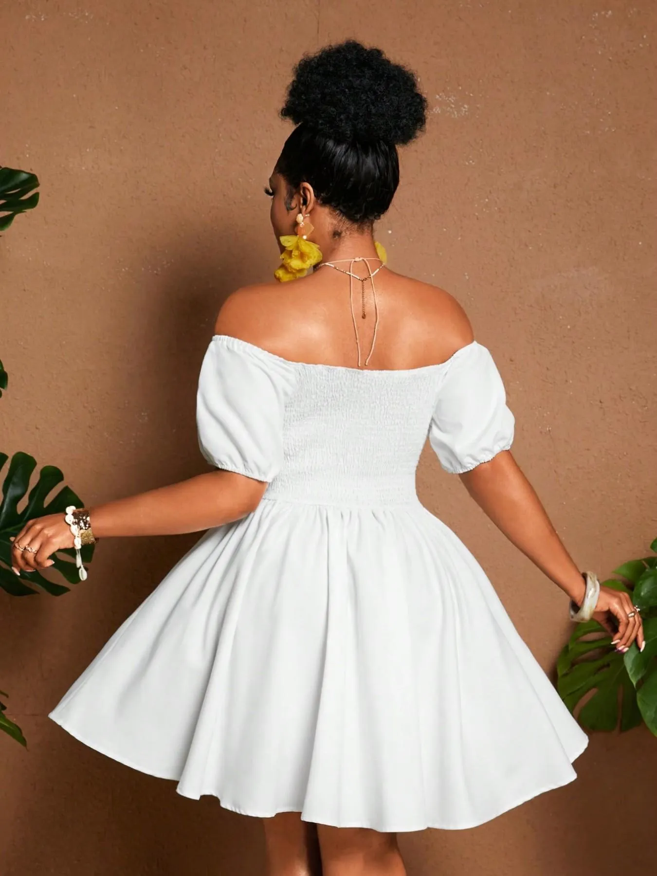 Plus Size Women One-Shoulder Waist-Tie Bubble Sleeve Dress Summer Vacation Style Casual Short Dress Plain Pattern — image 3