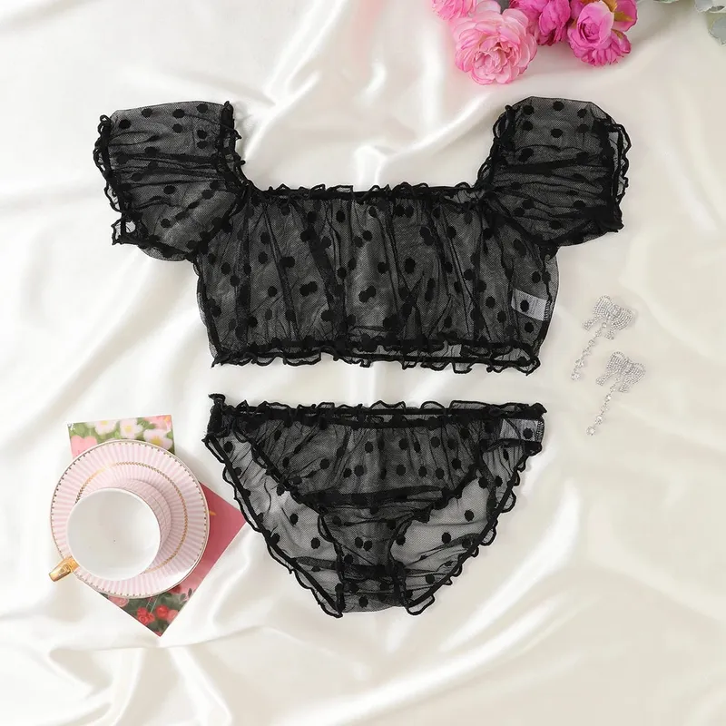 Women 2-Piece Lingerie Dot Embroidery Mesh Fancy Outfit Romantic Underwear Set Bra And Panty Sets — image 8