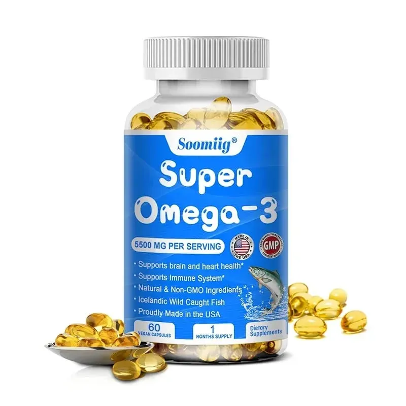 Wild Caught Super Strength Omega 3 Fish Oil 120 Softgels 5500mg High EPA 1200mg DHA 900mg Non-GMO Gluten Free Dietary Supplement