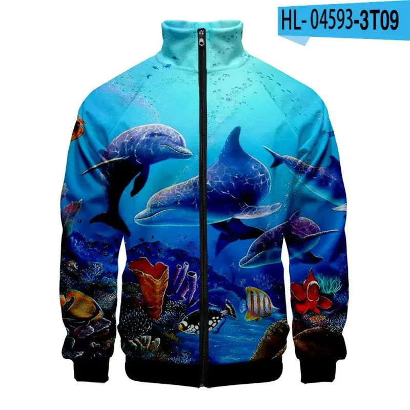 Harajuku Popular Novelty dolphin 3D Print Zipper Raglan Jacket Windbreaker Boys/Girls Comfortable Stand Collar Jackets Coats