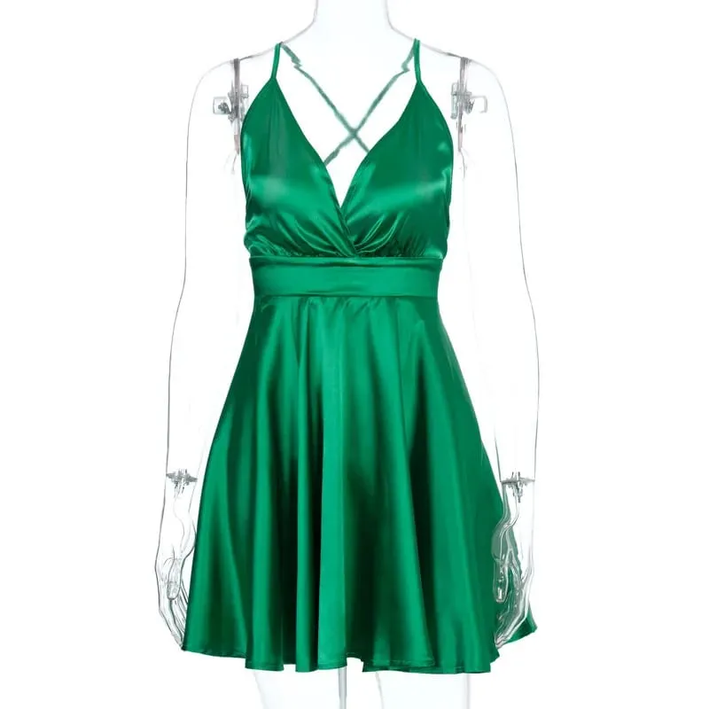 Summer Sexy 2000s European and American Solid Color V-neck Bow High Street Vintage style emo Strap Dress Strap A-line short Dres