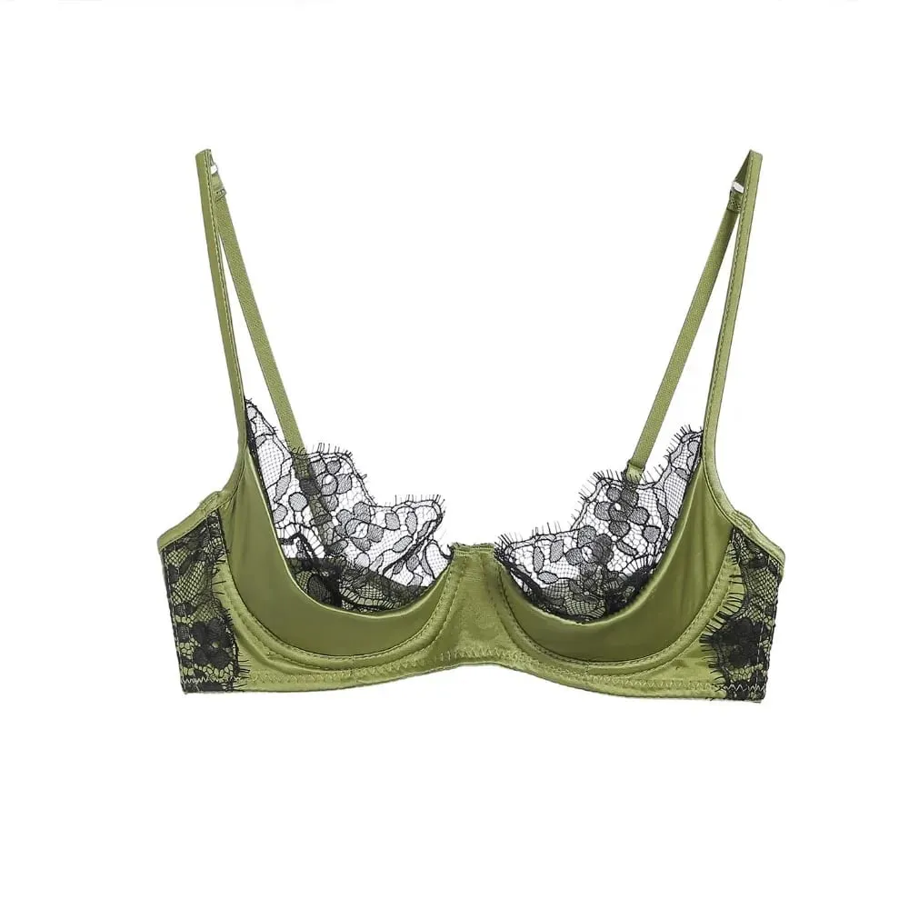 French Lace Half Cup Lingerie Set Green Ultra Thin Sheer Soft Comfortable Underwire Bra For Small Bust Women 32‑38AB — image 3