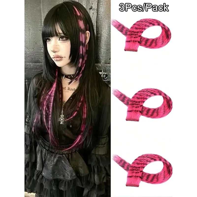 3Pcs Leopard Print Hair Extensions Synthetic Stripe Printed Hair Piece Colorful Long Straight Clip In Hair For Women Girls Party — image 18
