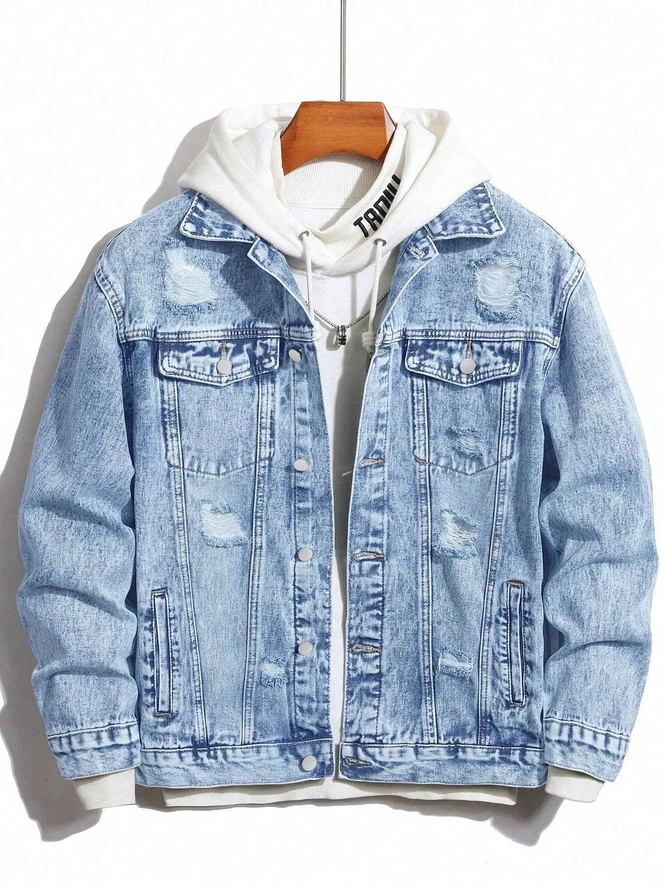 1PC Men's Four Seasons Hot Style Letter Stone Washed Light Blue Flight Jacket Daily American Street Casual Denim Jacket — image 1