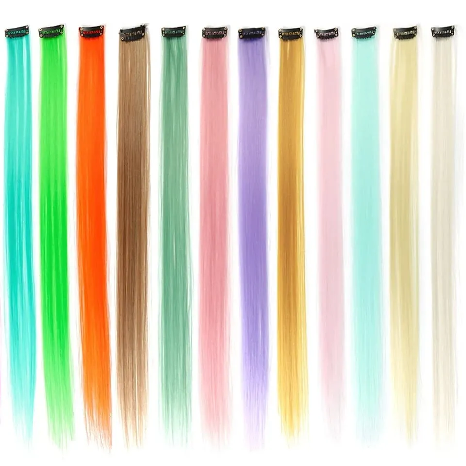 Colored Hair Extensions Synthetic 22Inch Straight Orange Green Clip in Hair Extension Rainbow Accessories Party Highlights Hair — image 5