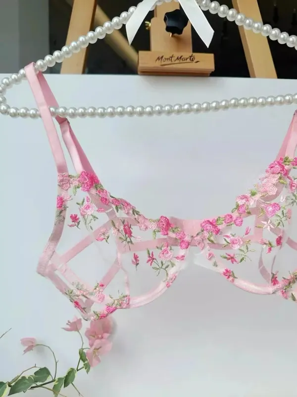 French Elegant Lingerie Set-Floral Embroidery Semi-Transparent Bra & Brief Black Sensual Women's Underwear Luxury Intimates