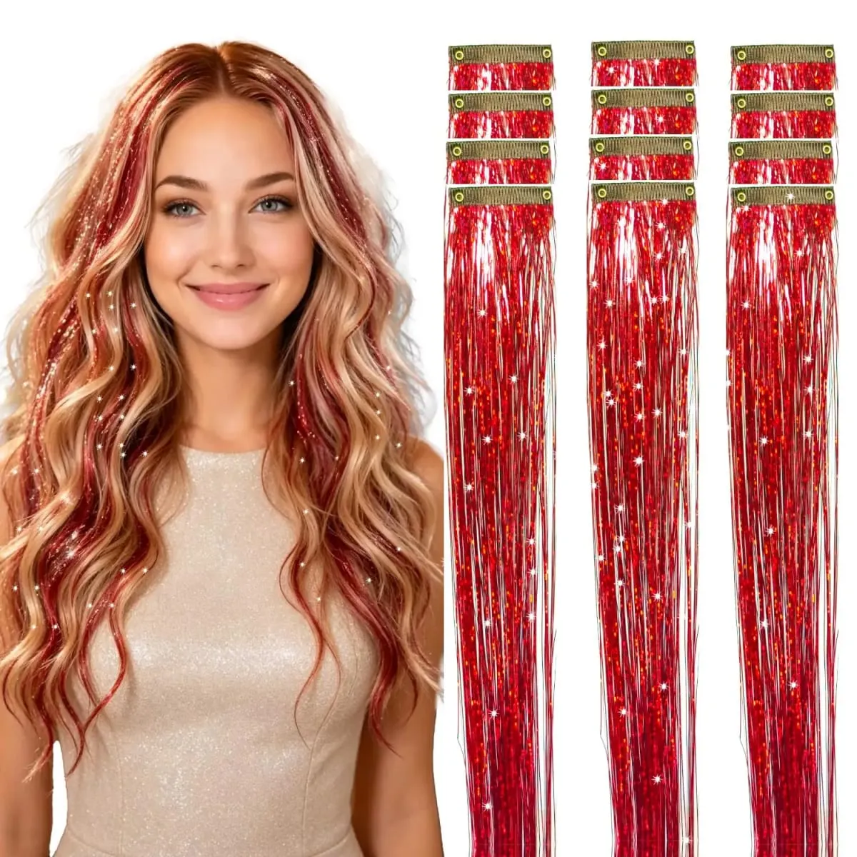 12 Pcs Clip in Hair Tinsel Sparkly Glitter Fairy Hair Extensions Shiny Hair Accessories For Girls Women Kids Party Festival — image 9