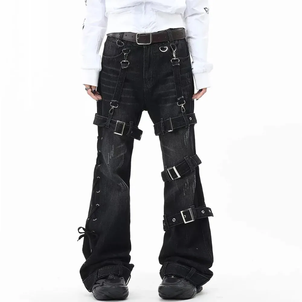 Gothic Punk Multi Buckle Strap Slim Fit Black Jeans Man Woman Ripped Vintage Techwear Bootcut Jeans
