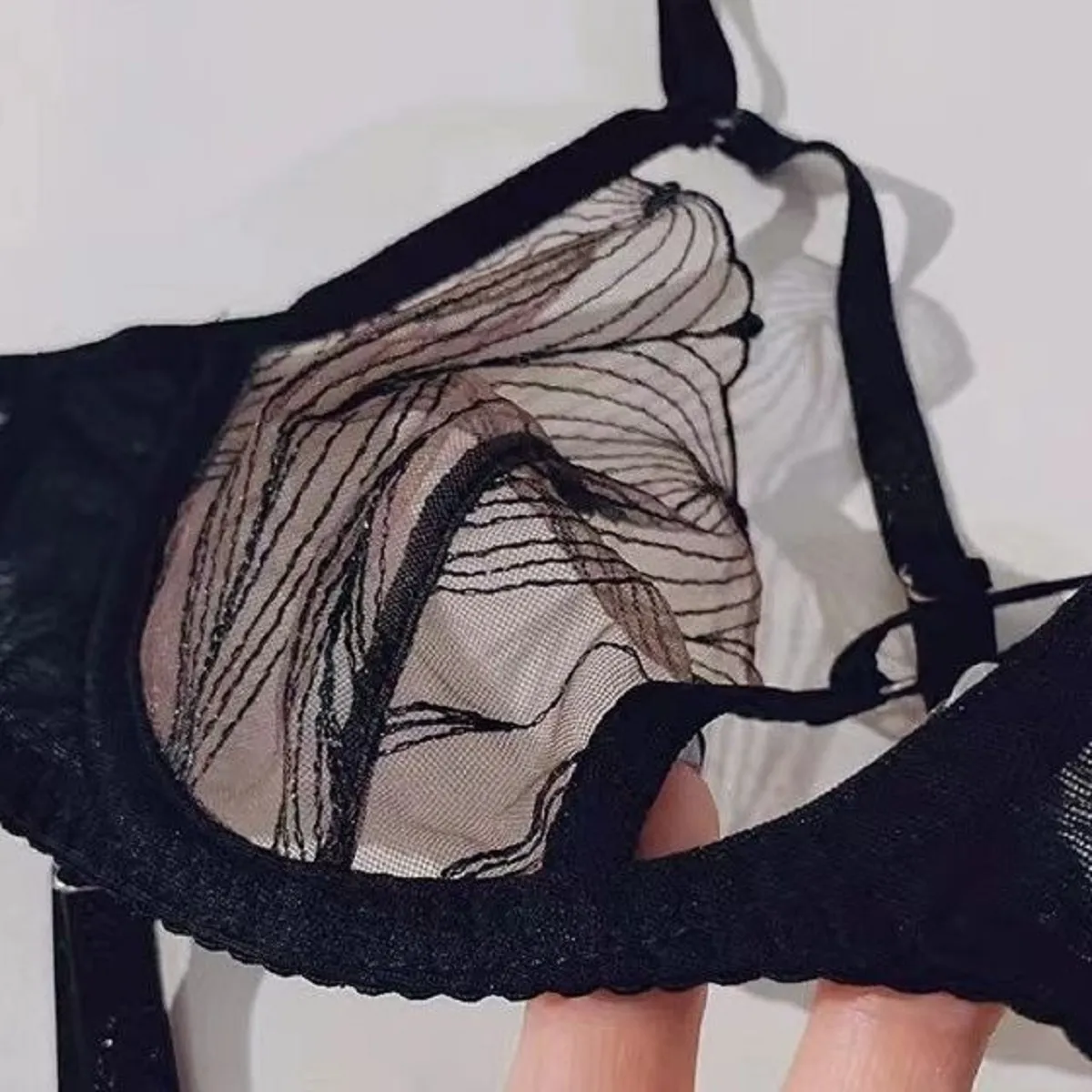 Women Lingerie Set Black Mesh Eyelash Romantic Steel Ring Push Up Underwear Sexy Lace Transparent Triangle Cup Bra and Panty Set — image 4