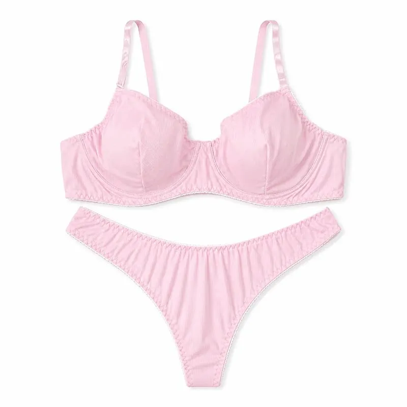 Women Solid Ribbed Lingerie Set Underwire Thin Cup Bra Matching Low Rise Thong Soft Daily Intimates