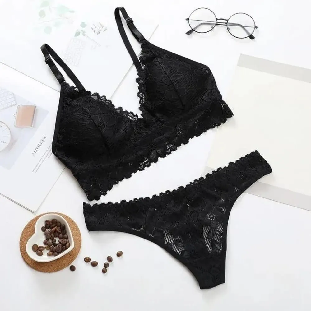 V Neck Lace Flower Bra Set Thong Solid Color Floral Panties Bra Kit Low Waist Lingerie Lace Underwear Valentine's Day Gift — image 3